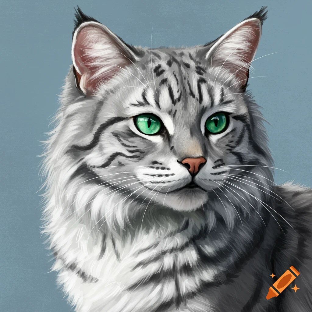 A close-up of a gray and white tabby cat with bright green eyes.