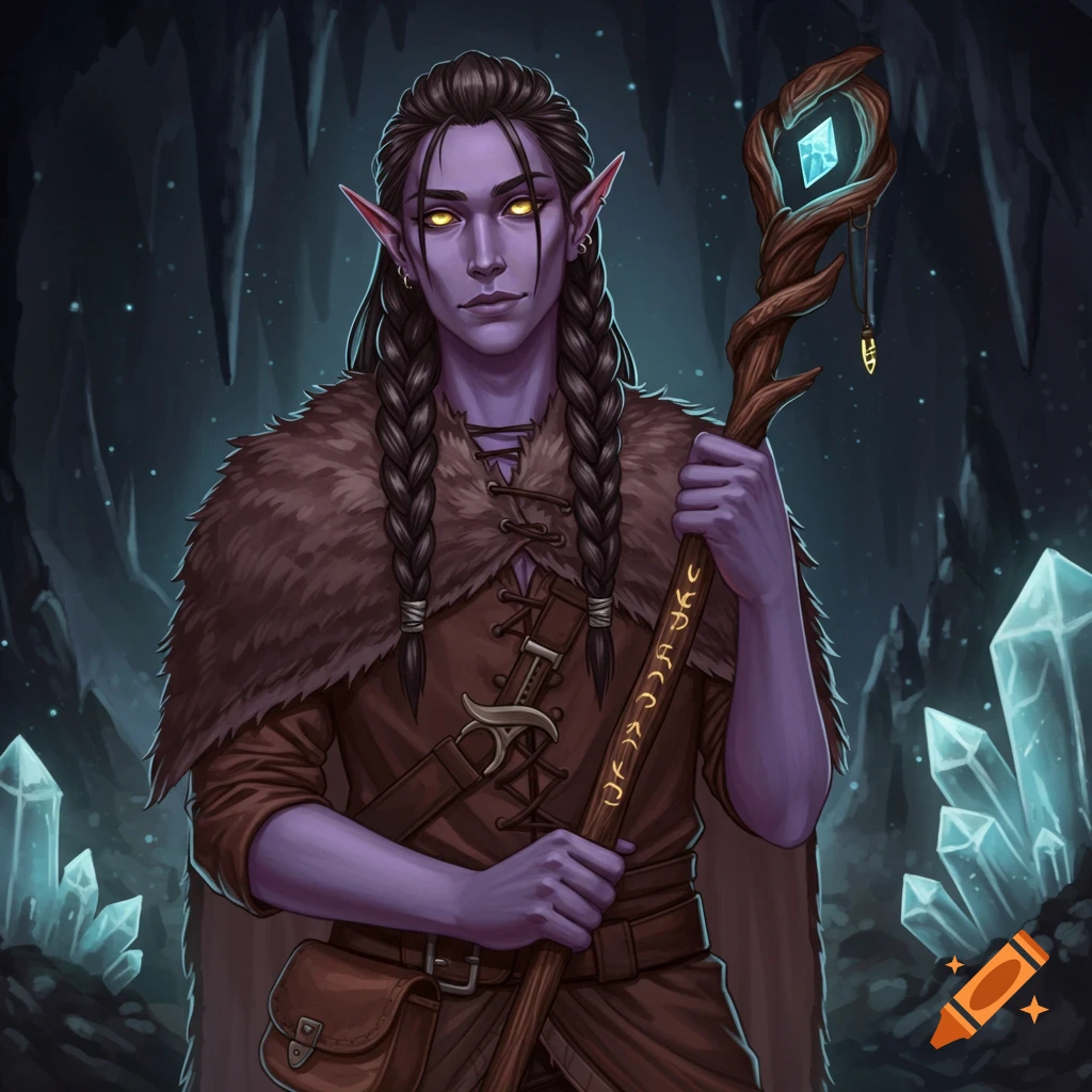 Lilac-skinned drow elf wizard with braids, leather shirt, fur cape, holding a staff with a crystal, in a cave with crystals.