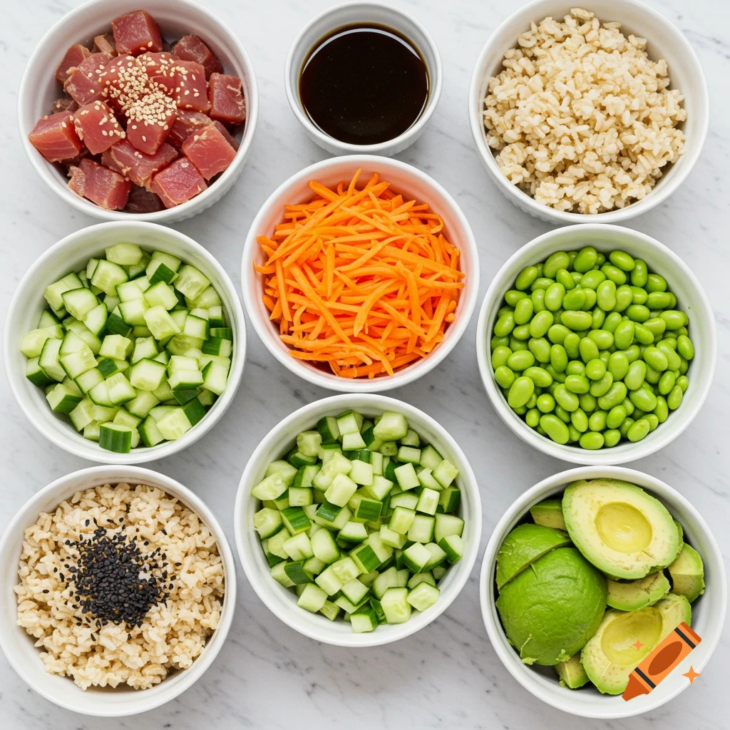 Overhead view of ingredients in white bowls, including tuna, rice, vegetables, and sauce.