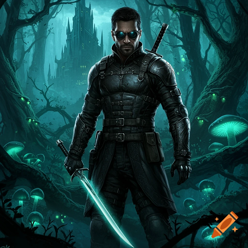 Dark fantasy character with swords in a forest with glowing mushrooms and a castle