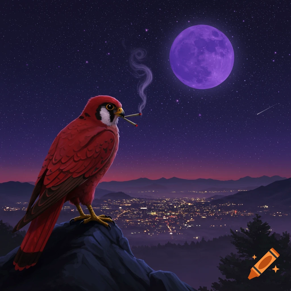 A red falcon smokes a joint on a rock overlooking a city lights at night under a purple moon and stars.