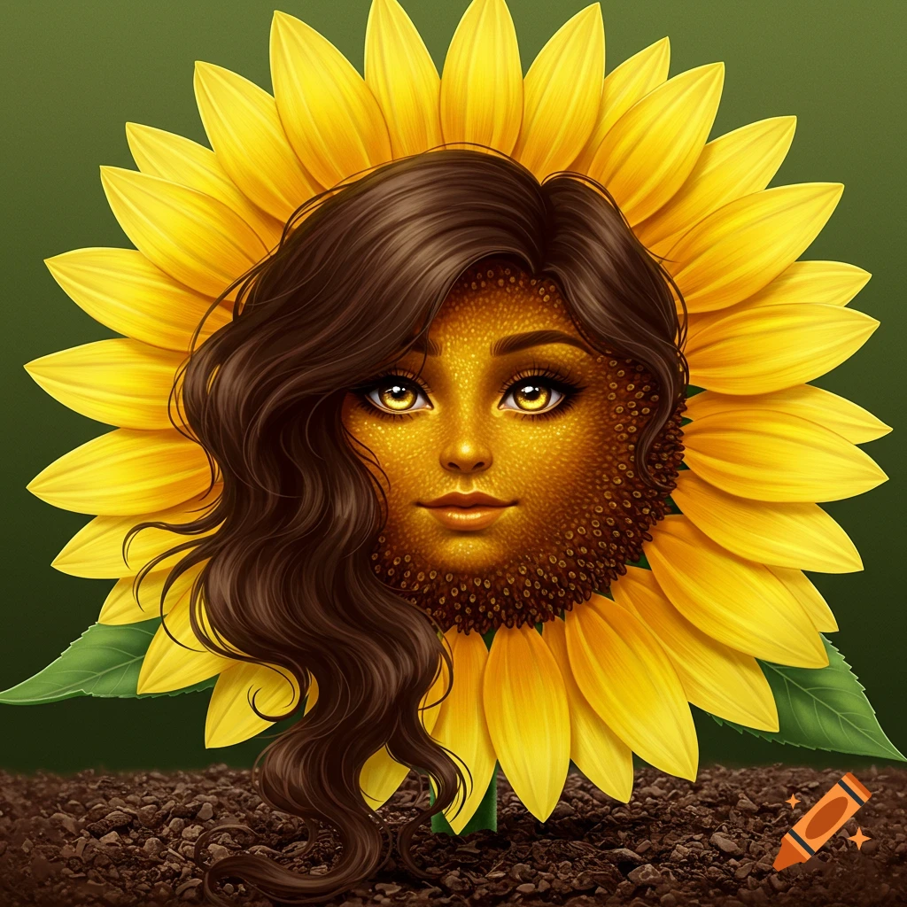 Stylized illustration of a sunflower with a woman's face and brown hair.