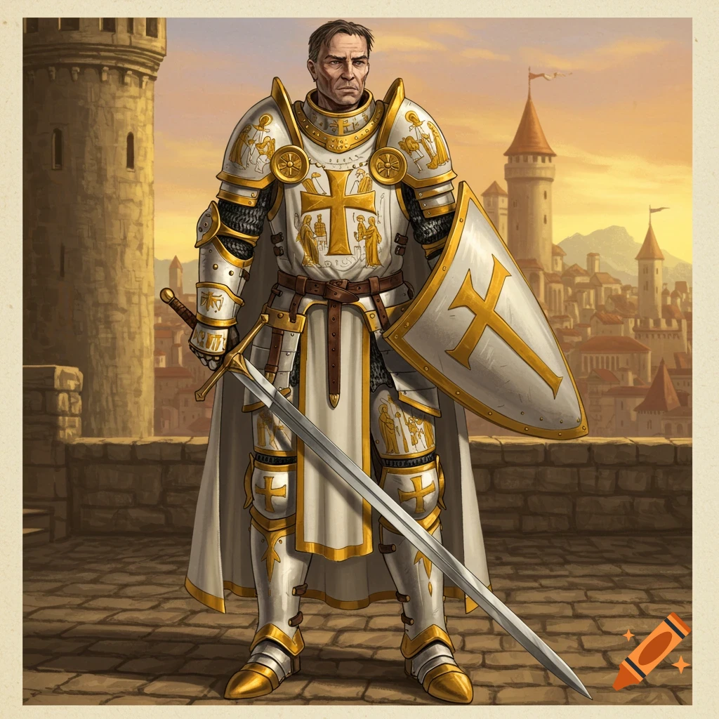 A stern knight in ornate white and gold armor stands holding a sword and shield on a castle wall overlooking a city.