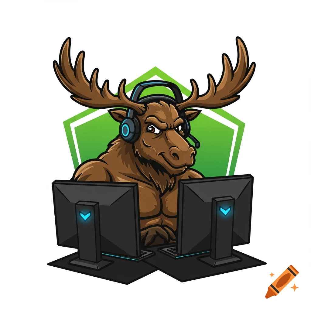 A cartoon gaming moose with headphones and headset sits in front of two computer monitors.