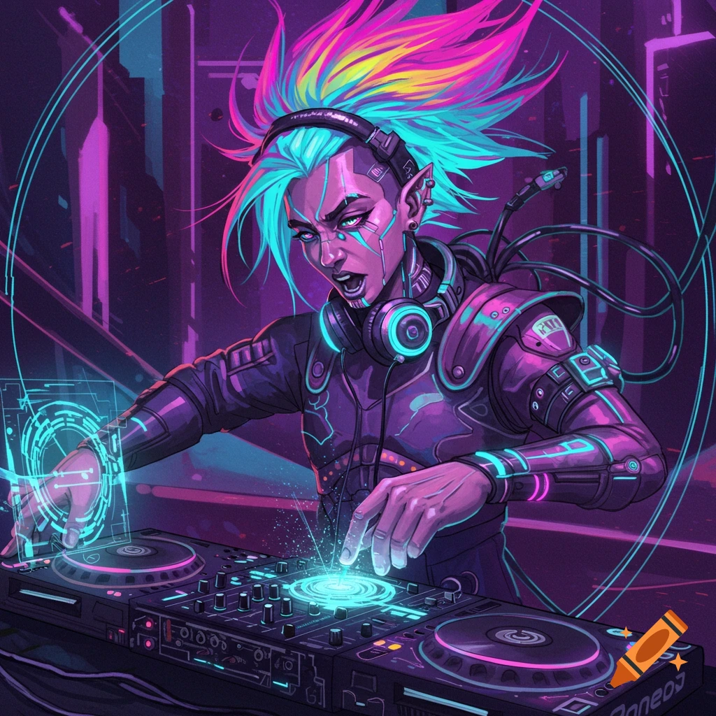 Stylized illustration of a cyberpunk DJ with brightly colored hair using futuristic equipment.