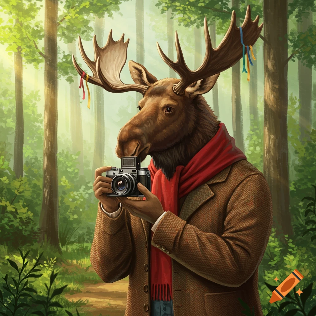A moose in a jacket and scarf holds a camera in a forest.