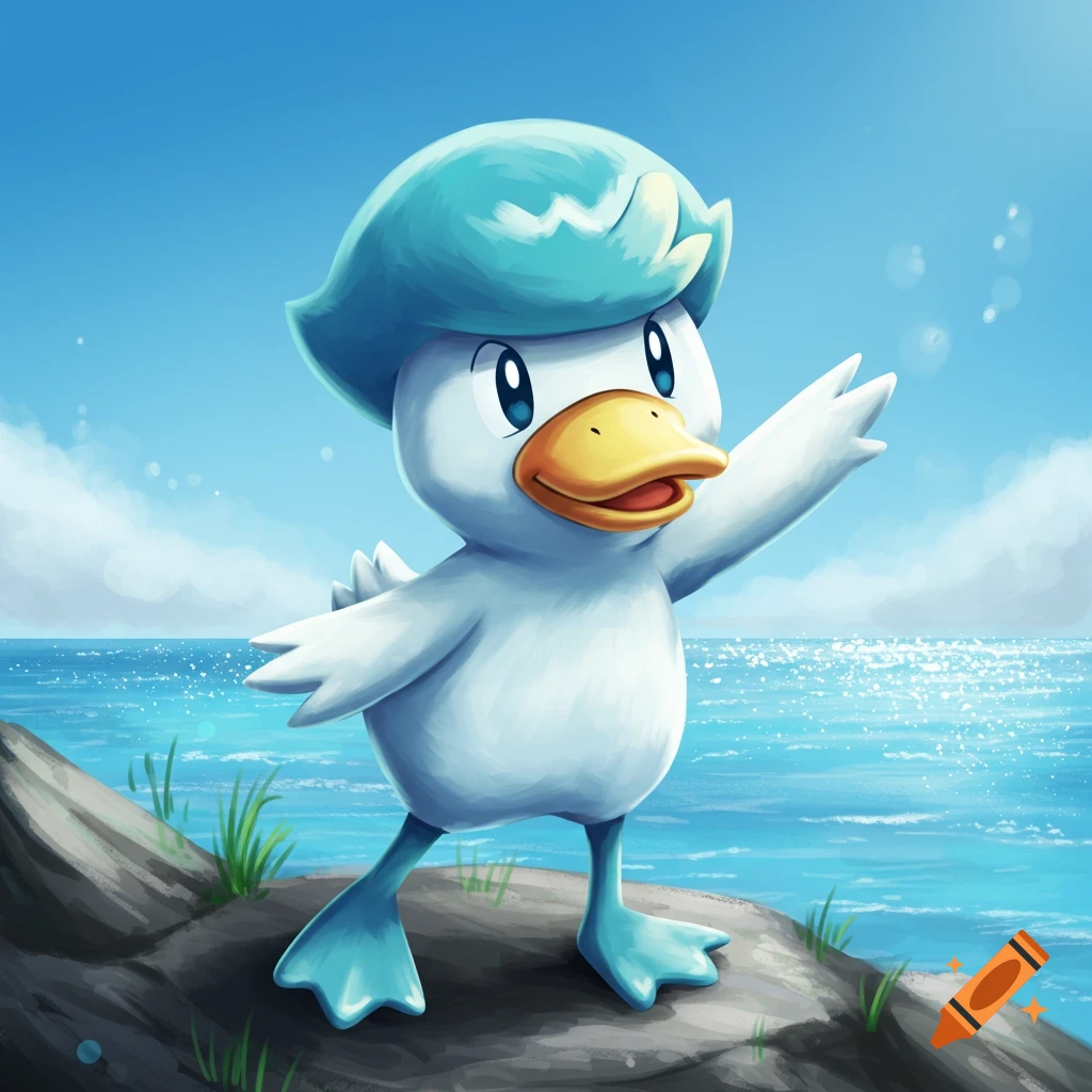 A cartoon character of a white duck with a blue hat stands on a rock by the ocean, waving.