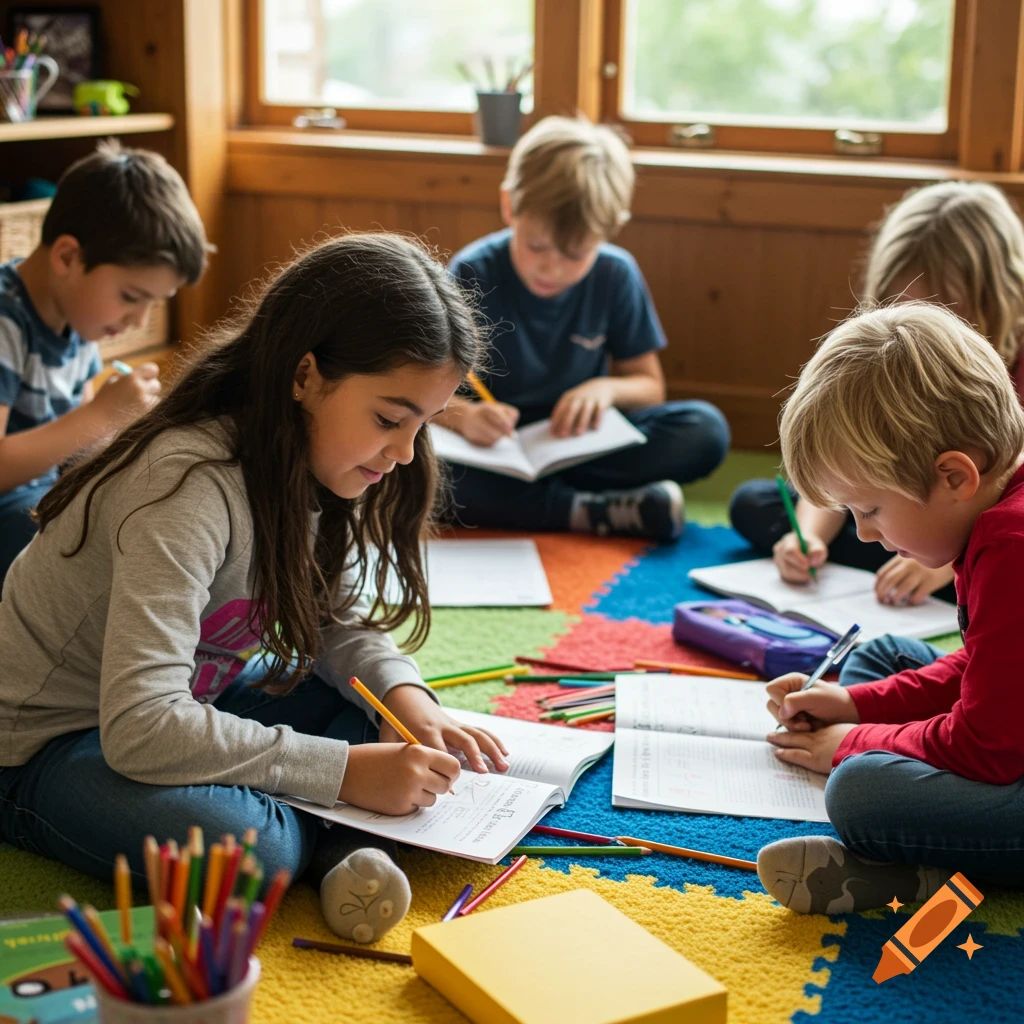 Photorealistic image of several kids sitting on a mat on the floor, writing in notebooks.