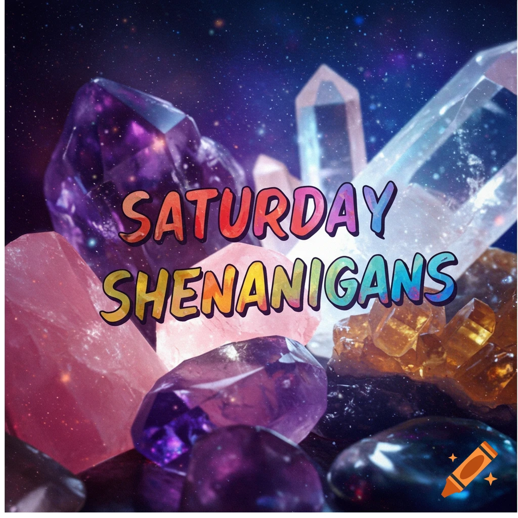 Crystals and gemstones floating in space with the text 'Saturday Shenanigans'.