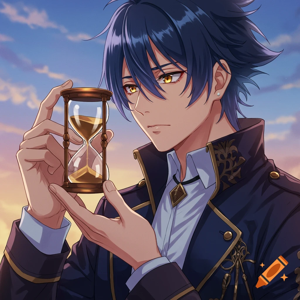 Anime man in dark jacket holds hourglass against a sunset sky.