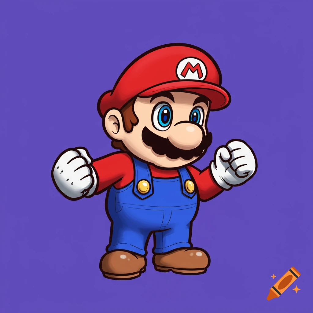 Cartoon illustration of Mario standing with fists raised against a purple background.