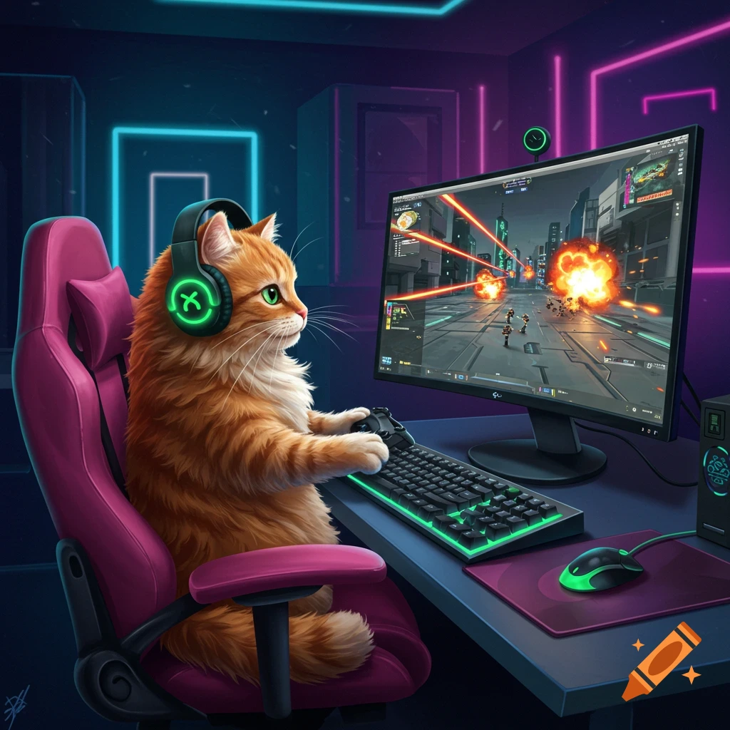 An orange cat wearing headphones sits in a gaming chair, playing a video game on a monitor in a neon-lit room.