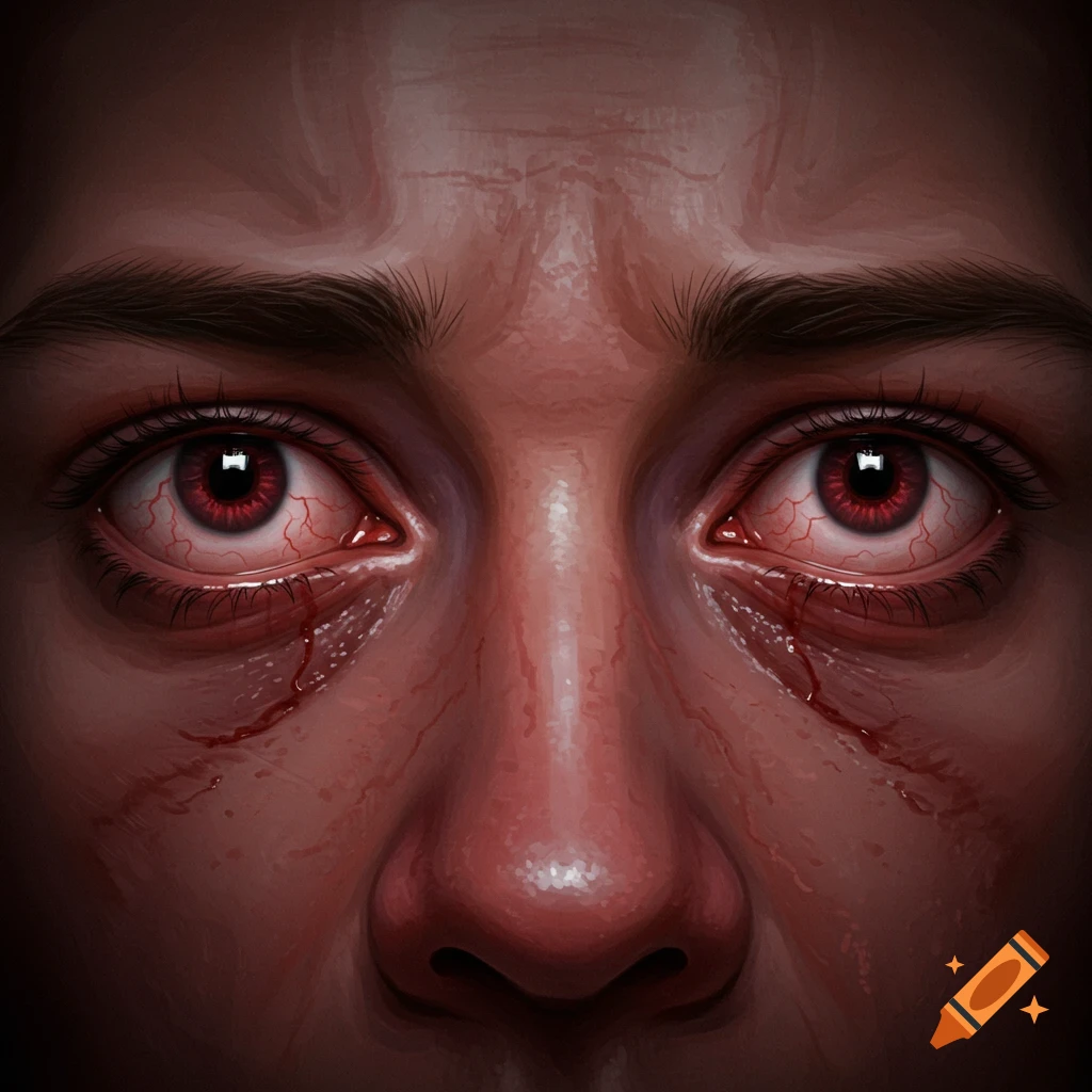 Close-up of intensely bloodshot eyes with red tears dripping.