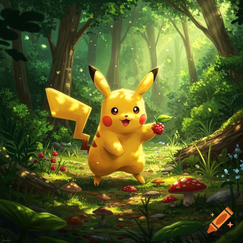 Pikachu holding a berry in a sunlit forest