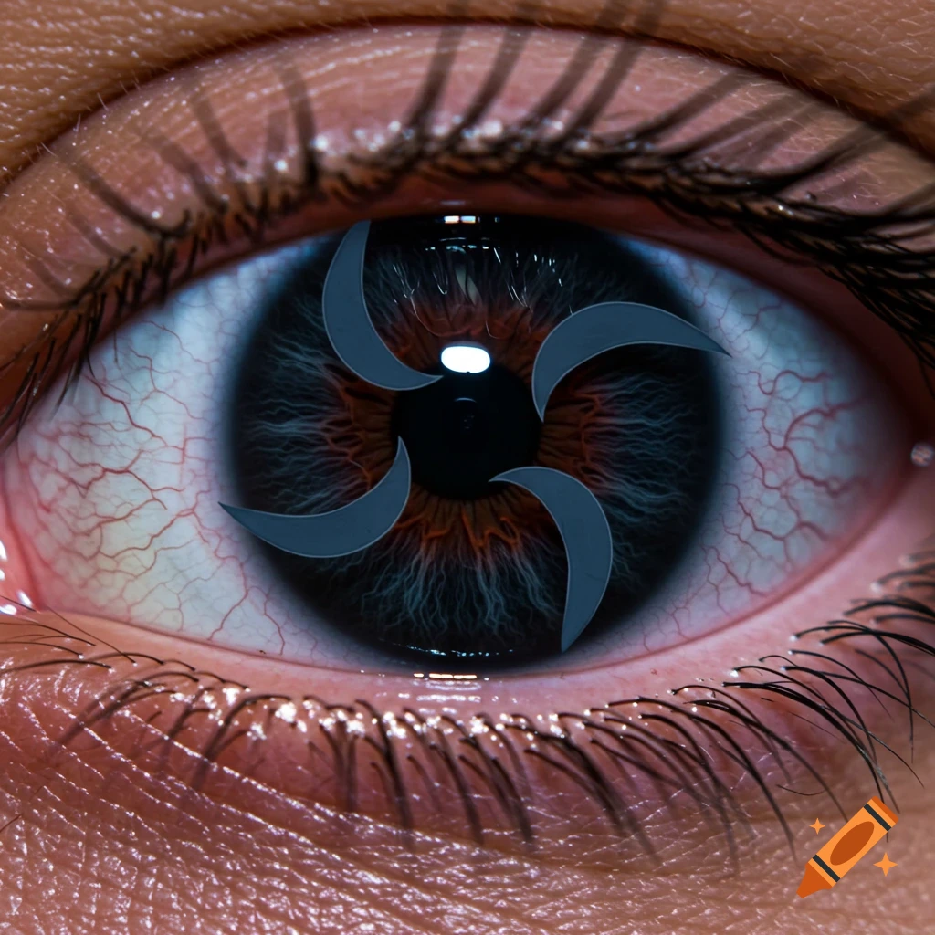 A close-up photorealistic image of a human eye with a red and black iris shaped like a Mangekyo Sharingan from the Naruto anime.