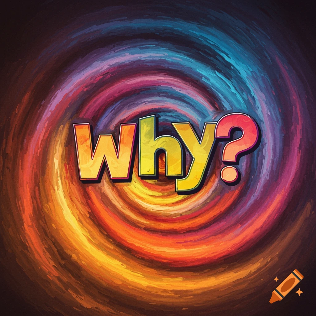 The word Why? in colorful letters over a swirling abstract background
