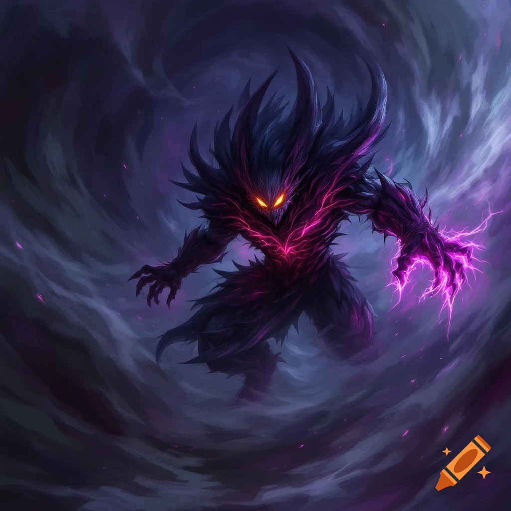 A dark, spiky fantasy creature with glowing eyes and purple energy swirling around its hands and body, surrounded by dark smoke.