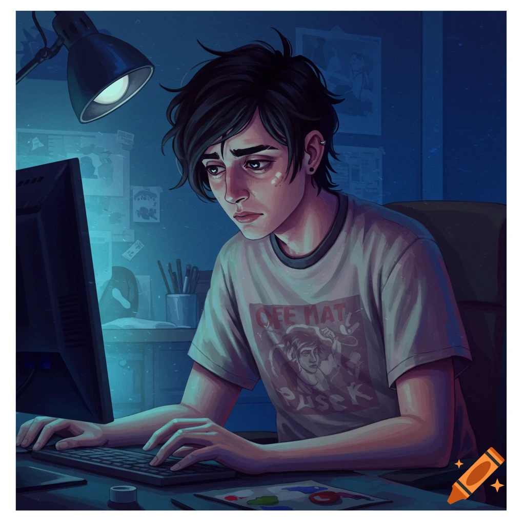 A digitally illustrated portrait of a sad young person sitting at a computer in a dark room, lit by a desk lamp.