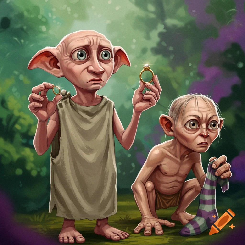 Illustration of Dobby holding a ring and Gollum holding a striped sock, both looking confused in a forest clearing.