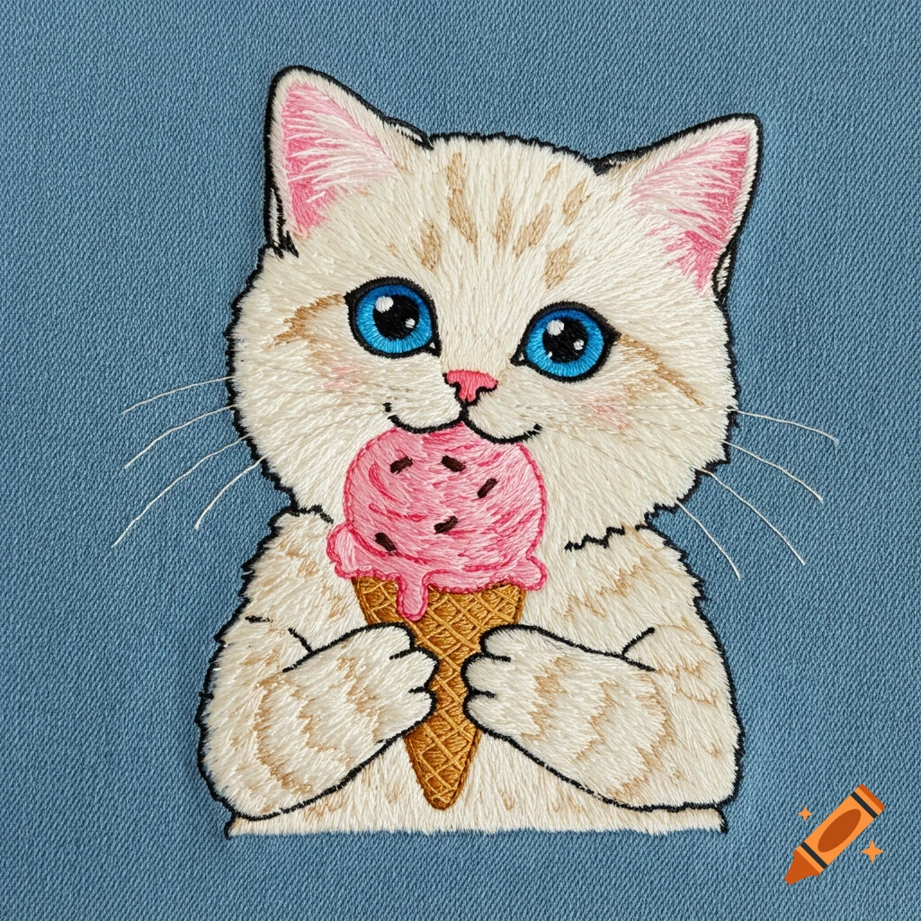 Embroidery style illustration of a cute cat eating ice cream from a cone.