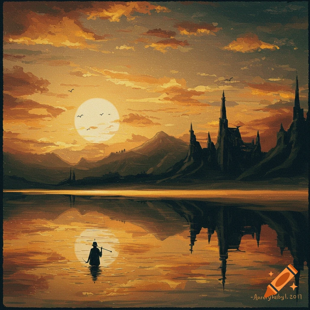 A person stands in shallow water during a fiery sunset, with castle spires and mountains reflected in the lake.