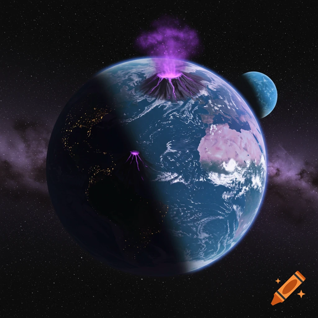 A planet in space with erupting purple volcanoes and two moons.