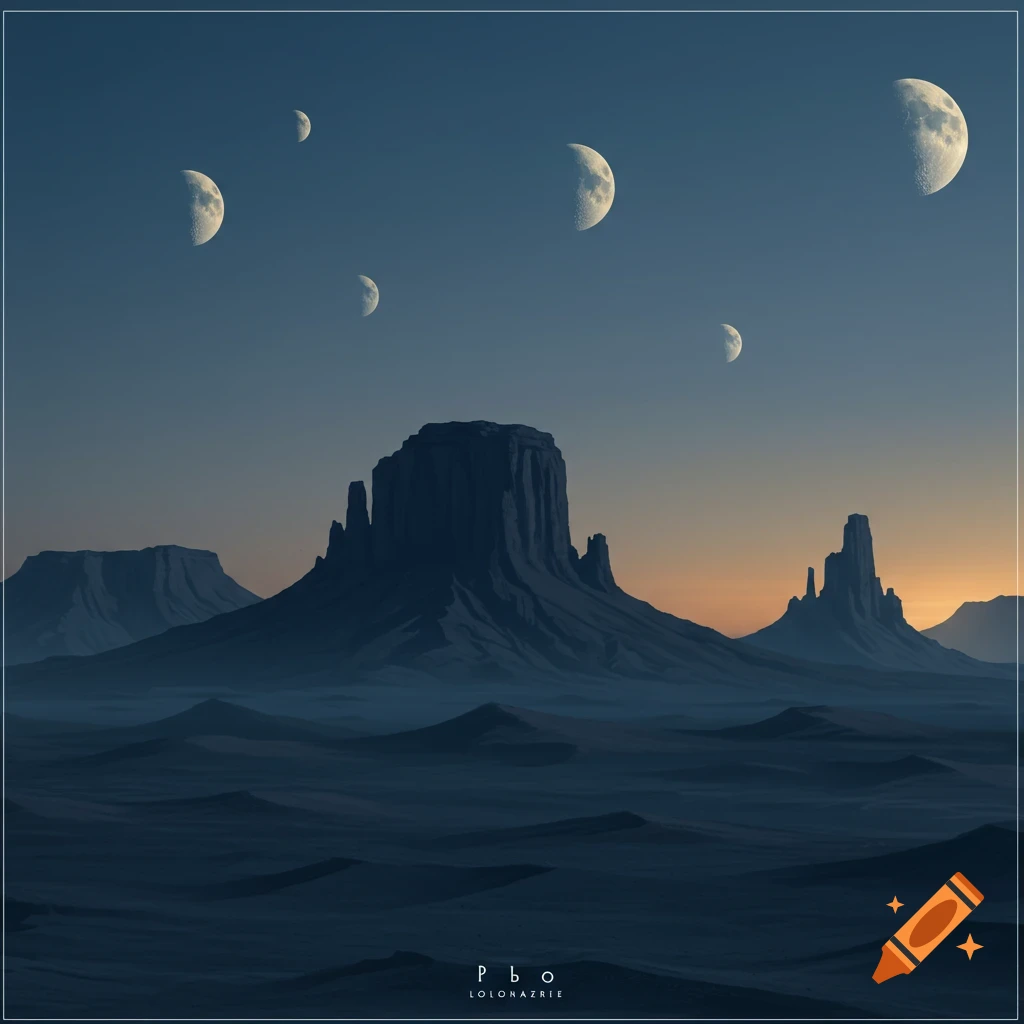 A stylized dark desert landscape with tall mountains under a sky filled with multiple crescent moons at dusk.