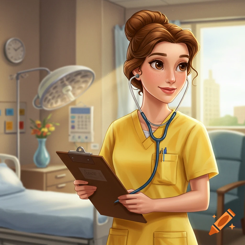 Cartoon woman resembling Belle as a nurse in yellow scrubs, holding a clipboard in a hospital room.