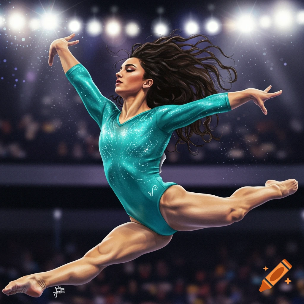 Illustration of a female gymnast in a teal sparkling leotard leaping high in the air under bright spotlights.