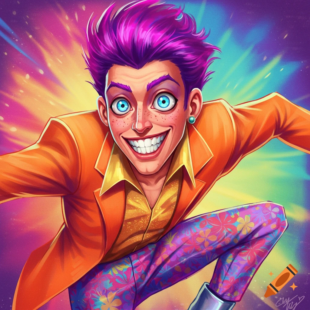 Stylized portrait of a person with purple hair, blue eyes, orange jacket, and floral pants.