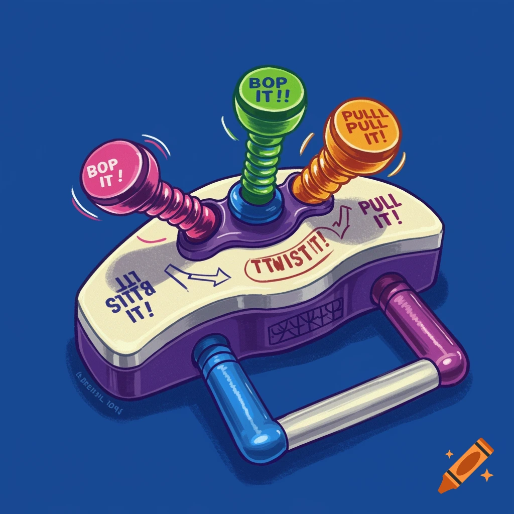 Illustration of a colorful Bop It electronic game toy on a blue background.