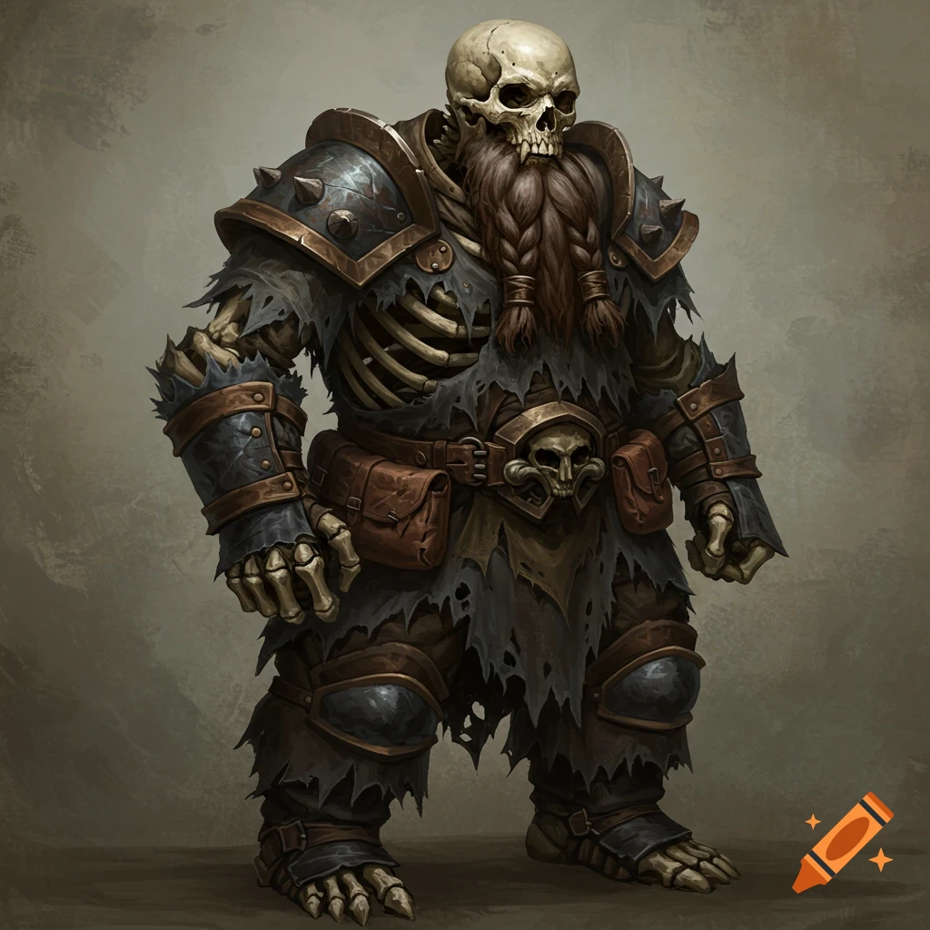 A detailed illustration of a skeletal figure wearing worn armor and a braided beard.