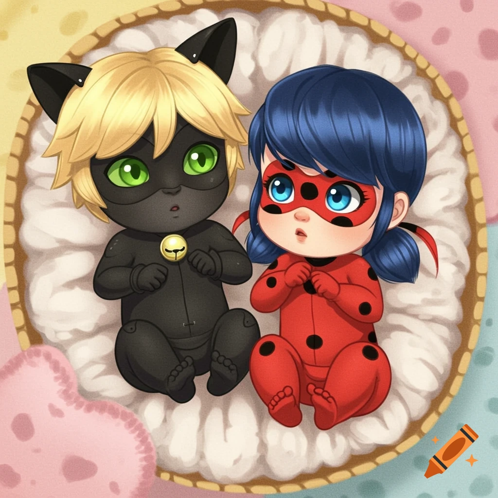 Cute cartoon illustration of babies dressed as Cat Noir and Ladybug in a basket