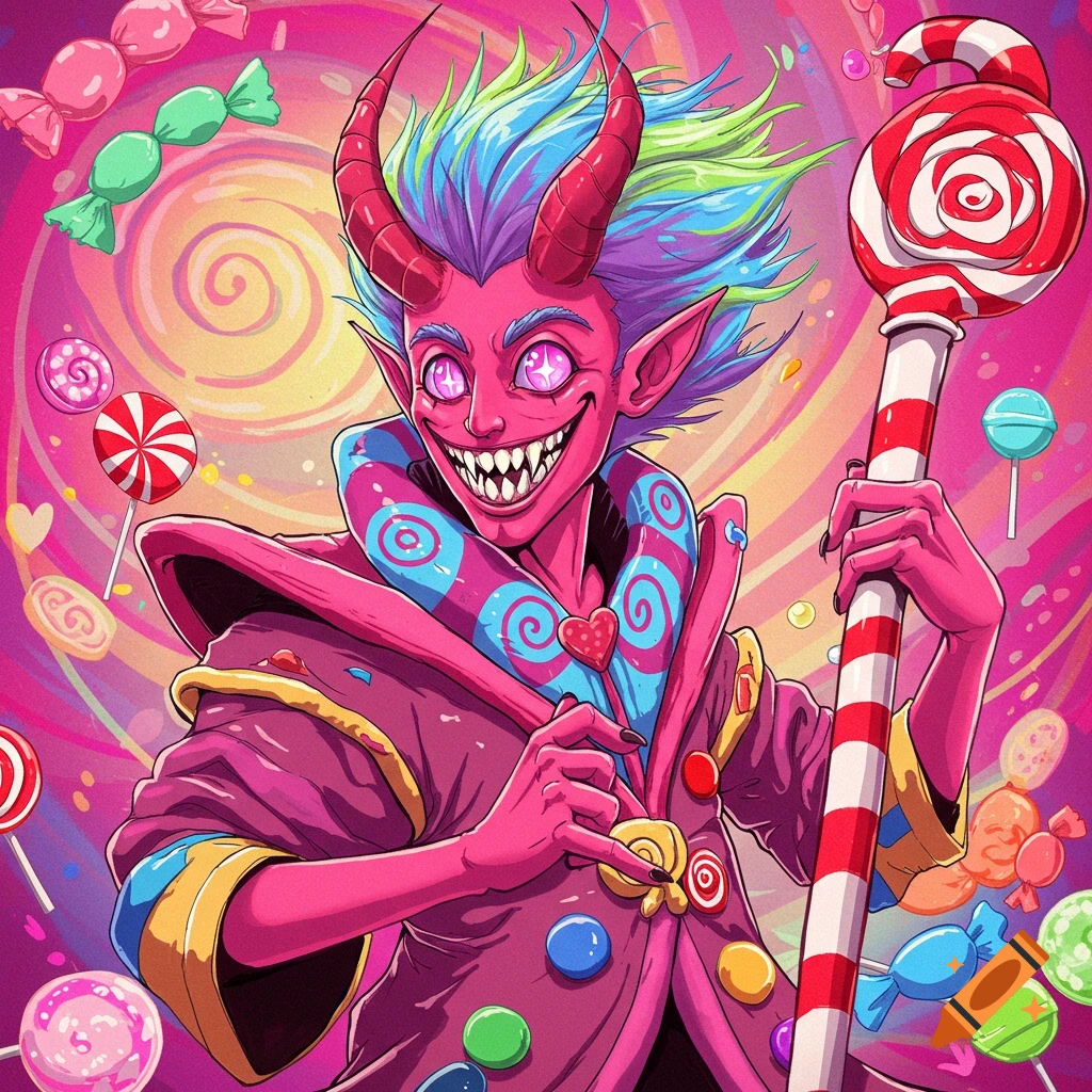 A vibrant, cartoonish illustration of a pink candy demon holding a giant lollipop, surrounded by colorful sweets.