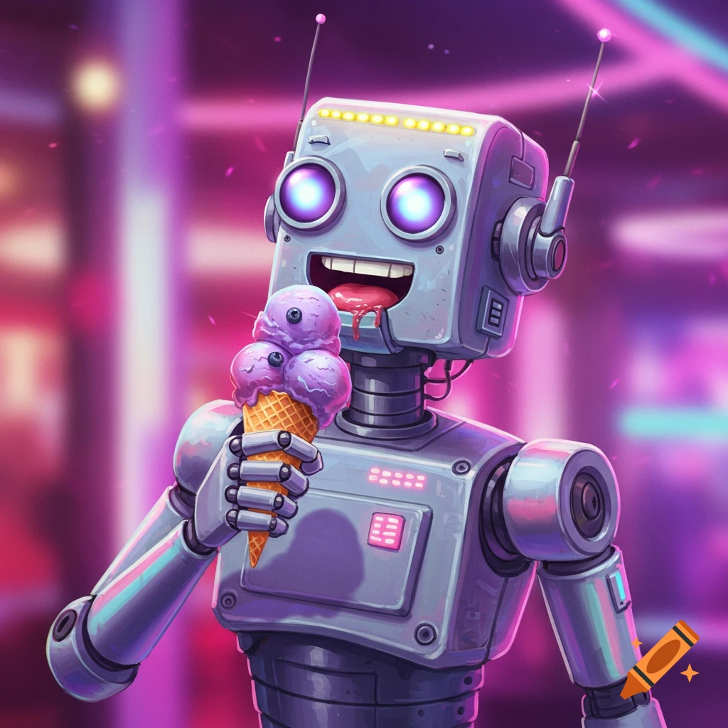 A friendly robot holds and licks a cone of blueberry ice cream against a blurred neon background.