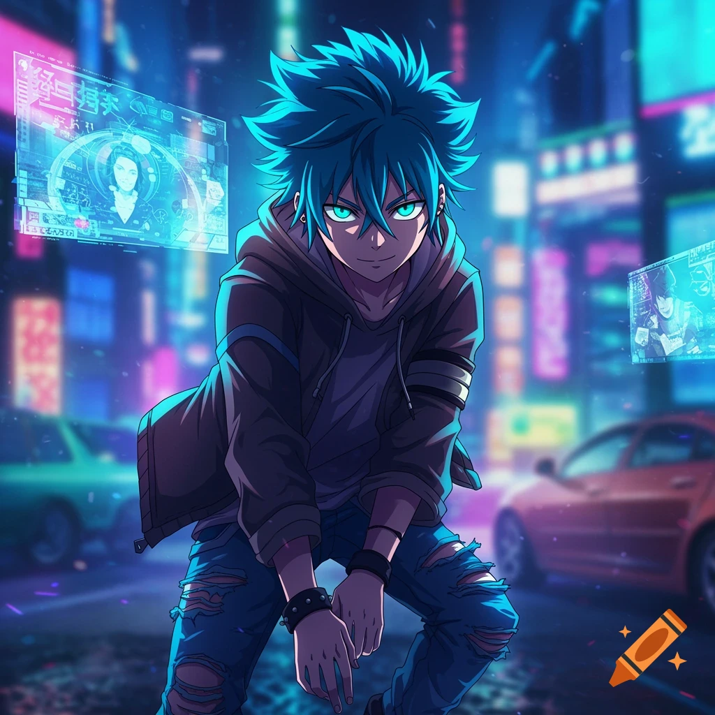 Anime boy with blue hair in a glowing cyberpunk city street with holographic screens.