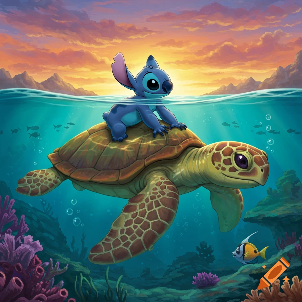Stitch rides a sea turtle underwater with coral reef and fish at sunset