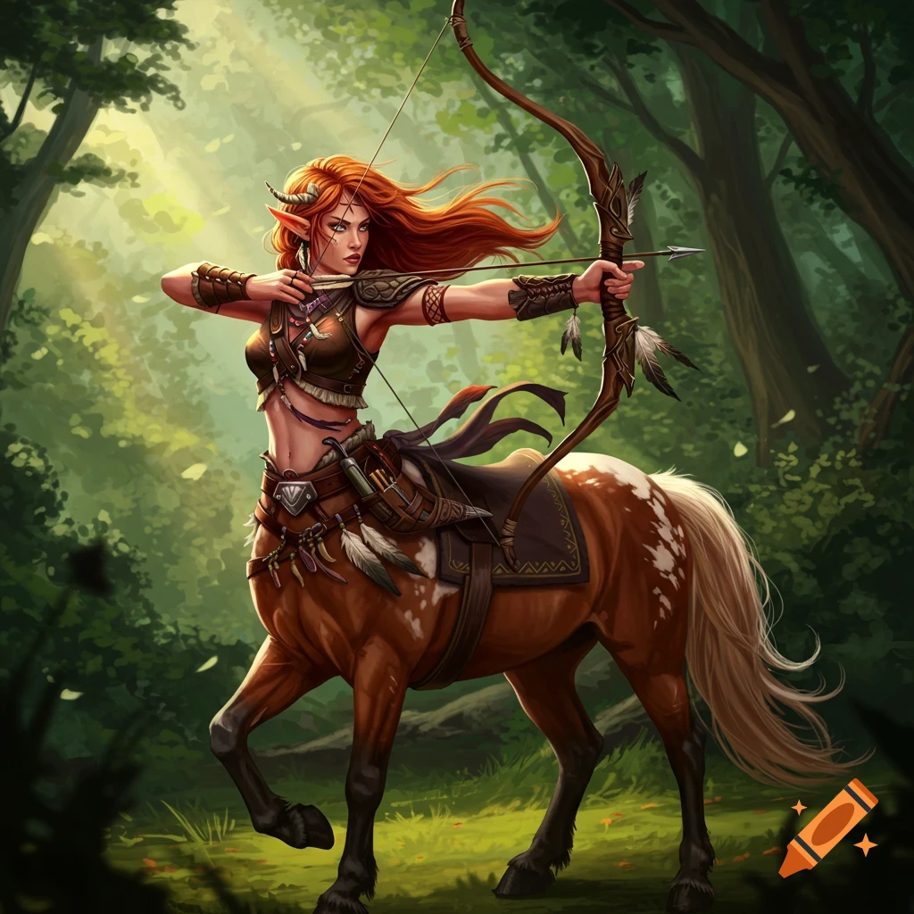 A female centaur archer aims a bow in a sunny forest clearing.