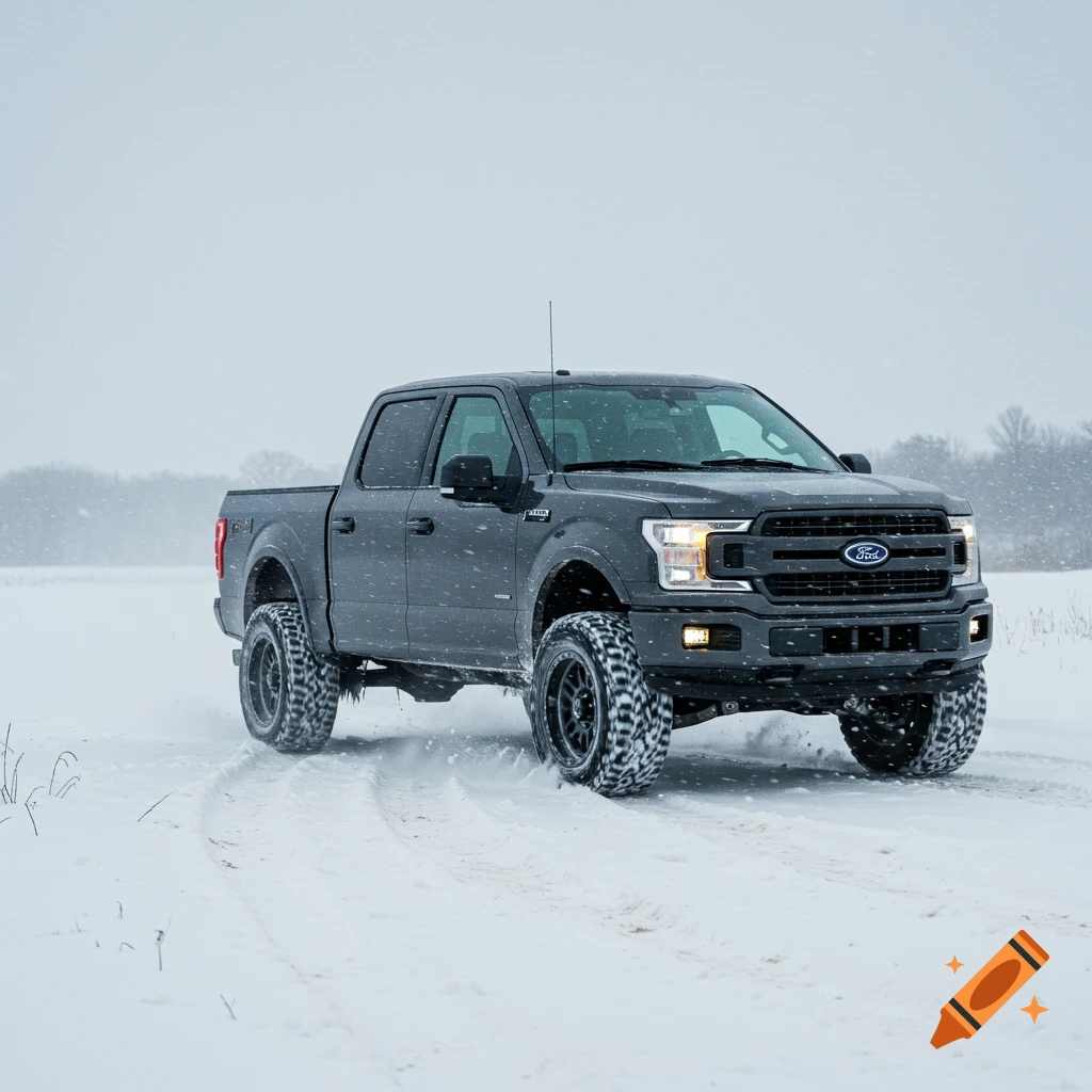 Dark gray Ford F-150 truck driving through snow during a snowfall