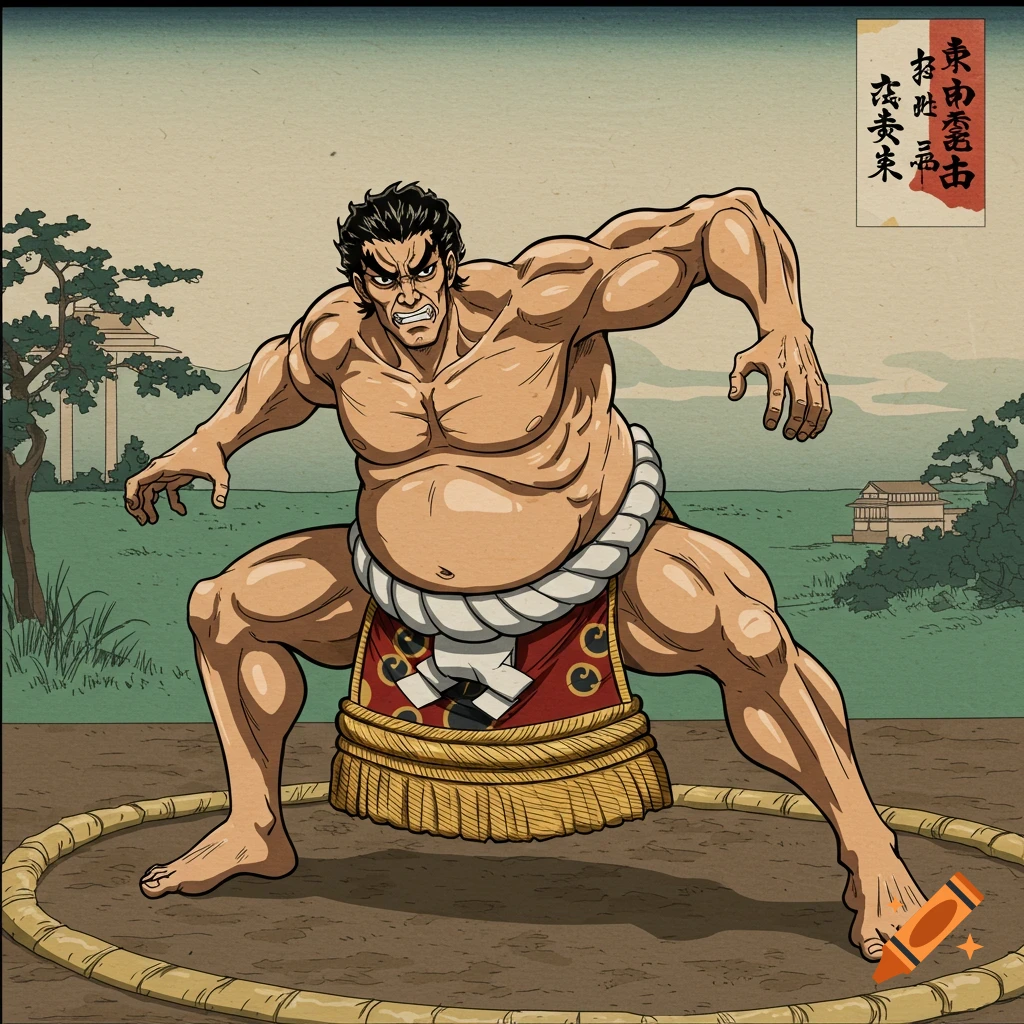 Sumo wrestler in a fighting stance, rendered in ancient Japanese art style.
