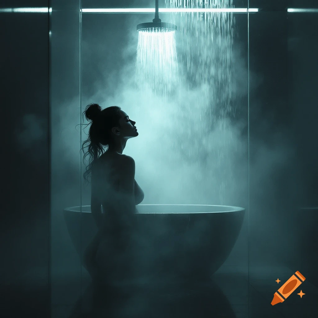 Silhouette of a woman in a steamy bathtub under a shower