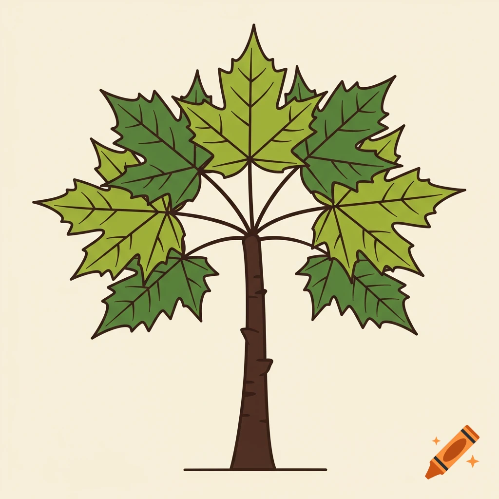 A stylized illustration of a tree with maple leaves.