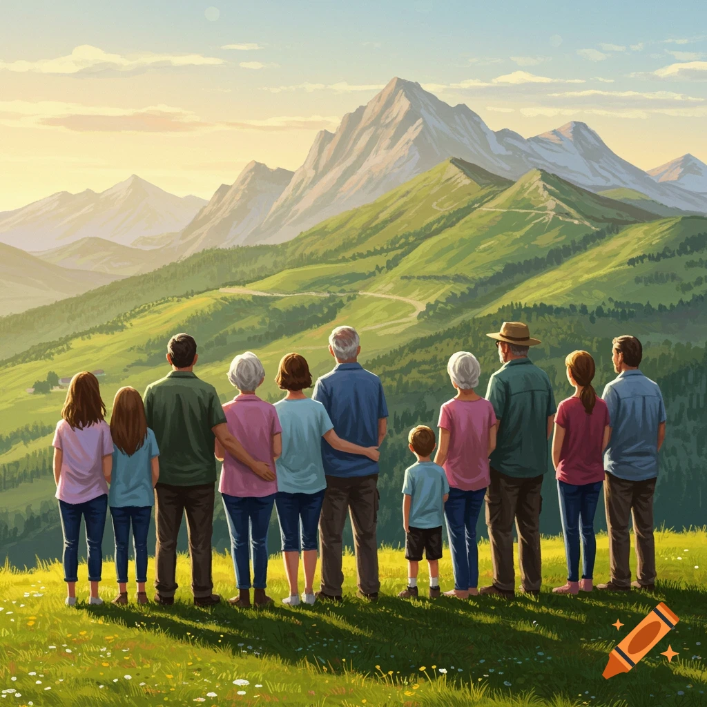 A large family stands on a grassy hill, looking out at mountains in the distance under a sunset sky. Illustration.