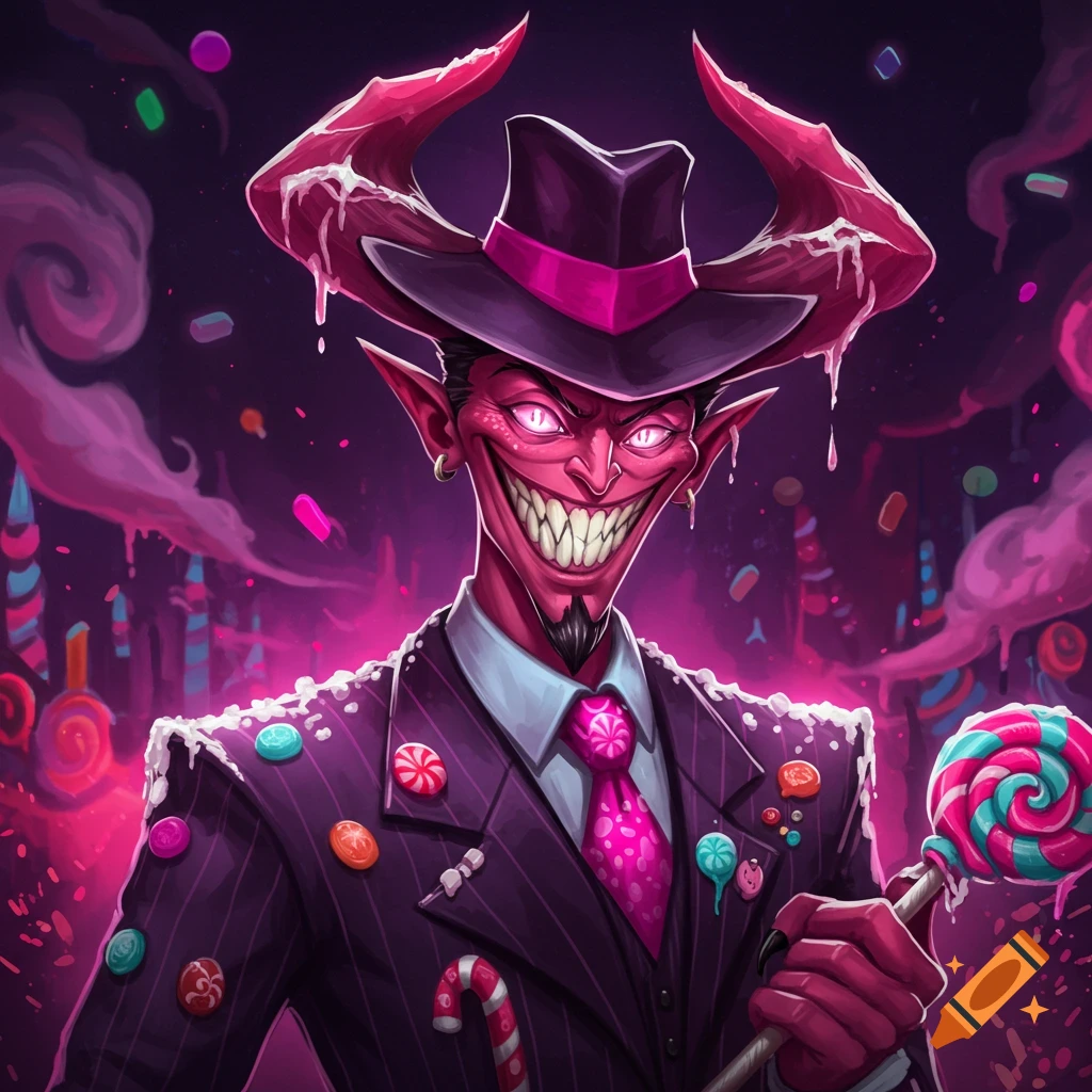 Illustration of a pink demon in a pinstripe suit and fedora holding a lollipop, surrounded by candy.