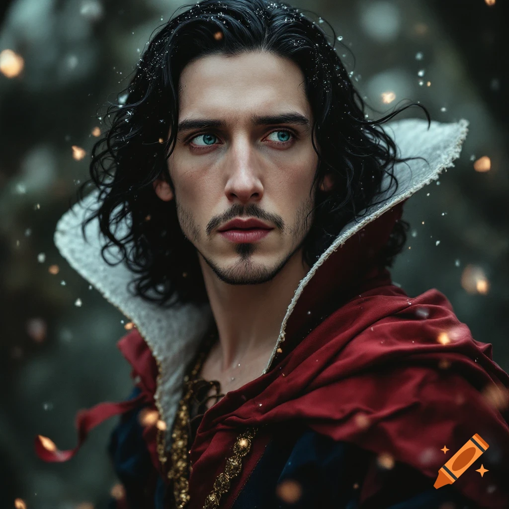 A man in a red cape and large white collar looks sideways in a dark, sparkling fantasy setting.
