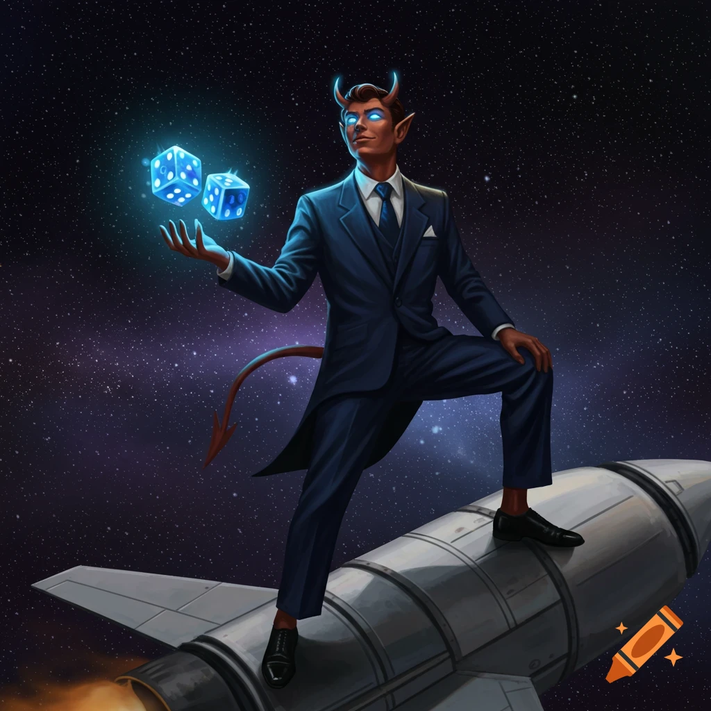 A dapper devil in a suit stands on a rocket in space, holding glowing blue dice.