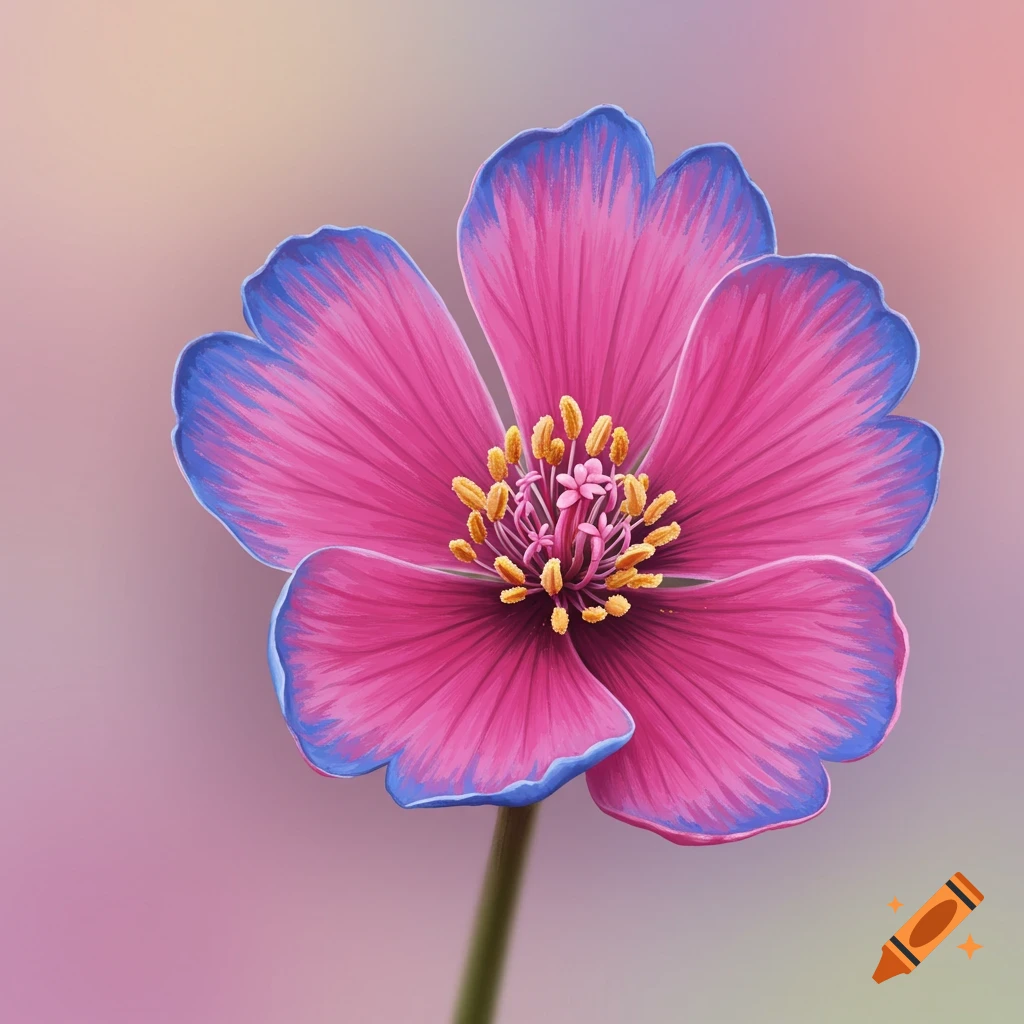 A close-up of a pink flower with blue-tipped petals and yellow stamens on a blurry background.