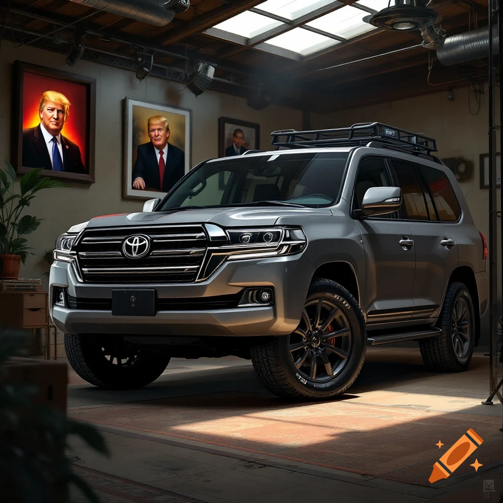 Silver Toyota Land Cruiser parked in a room with portraits of Donald Trump.