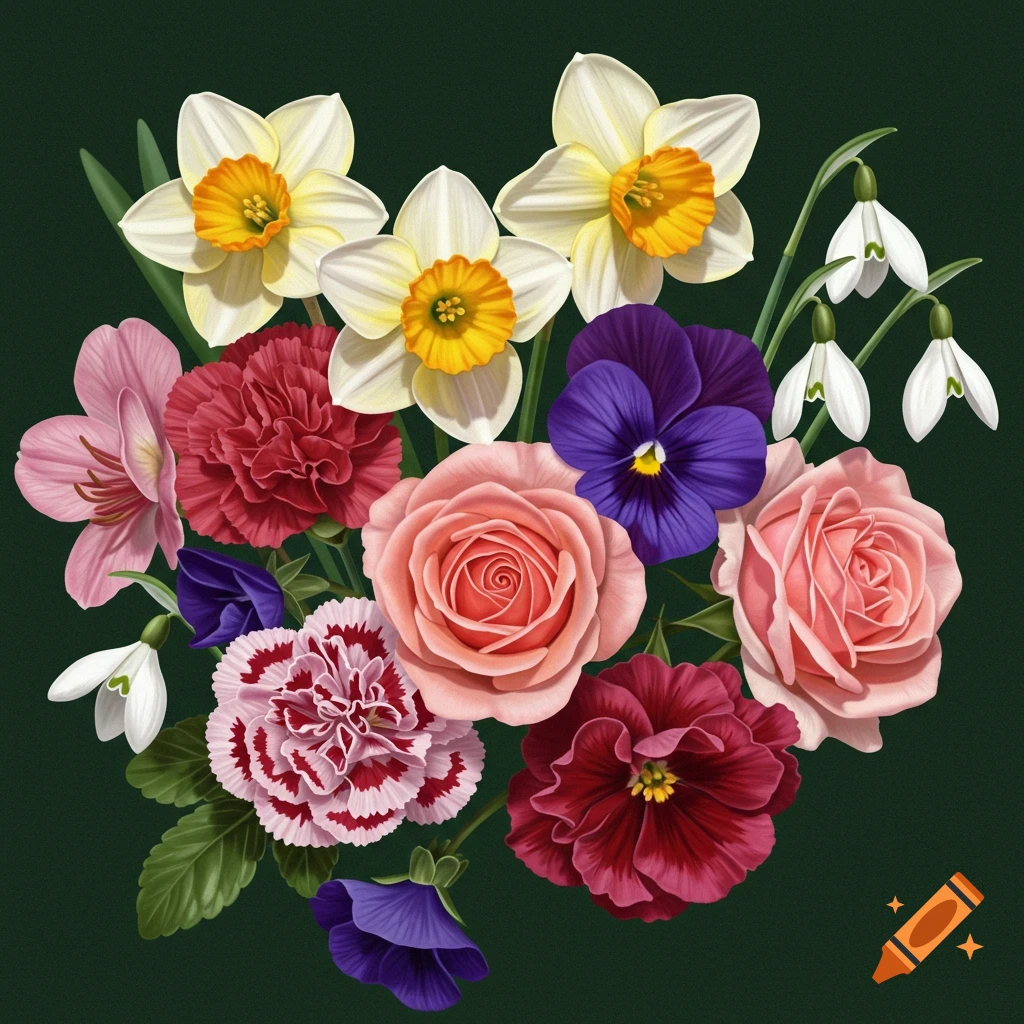 An illustration of a bouquet of roses, carnations, violets, narcissus, and snowdrops on a dark green background.