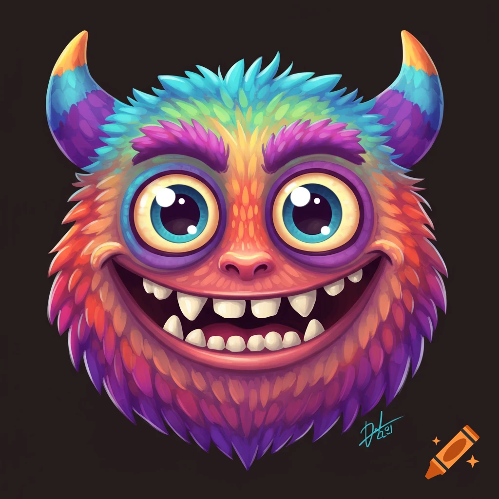 A colorful, furry cartoon monster head with big eyes and a wide smile.